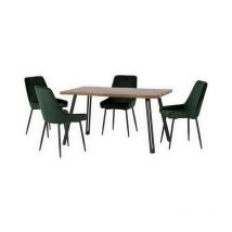 Seconique - Quebec Wave Edge Dining Set with Avery Chairs - Medium Oak Effect/Black/Emerald Green Velvet