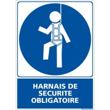 Panneau Obligation Port du Harnais de Sécurité - Picto + Texte - Signalisation epi - Plastique pvc 1,5 mm - 210 x 300 mm - Conforme iso 7010