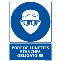 Panneau d'obligation Port de lunettes étanches obligatoire. Obligation Signalisation epi. Autocollant, pvc, Alu - Adhésif - 75 x 105 mm