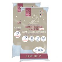 Lot de 2 - Protège Matelas Bébé 2 en 1 Alèse + Drap Housse 70x140 cm 100% Coton - Imperméable et Respirant - Oeko Tex - Gris