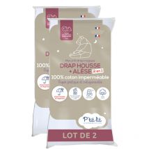 Lot de 2 - Protège Matelas Bébé 2 en 1 Alèse + Drap Housse 70x140 cm 100% Coton - Imperméable et Respirant - Oeko Tex - Blanc