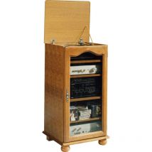 Beaux Meubles Pas Chers - Rack HiFi Chêne 1 Porte Vitrée Dessus Relevable 5 Niches l 57 h 107 p 46.5 cm - marron