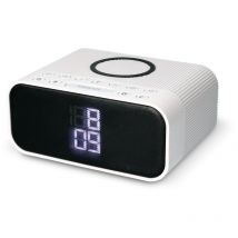 Wuad Réveil et chargeur sans fil, haut-parleur sans fil, radio fm. 10W sans fil, chargeur Qi. Réveil numérique Réveil double, Couleur White