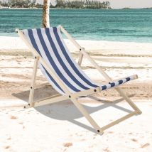 Vingo Chaise longue Bois pliable Chaise longue pliable Chaise solaire Chaise de jardin Bleu Blanc