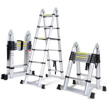 Randaco - chelle télescopique Aluminium 1,9m+1,9m Argent sans crochet Avec stabilisateur Avec roues charge max. 150 kg