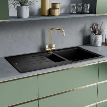 Rangemaster Elements Kitchen Sink 1.5 Bowl Black Granite Inset Reversible Waste
