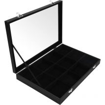 Ahlsen - Rangement Bijoux en Velour Noir avec 12 Sections & Couvercle en Verre - Plateau Bijoux Feutre avec Compartiments Ajustables - Rangement