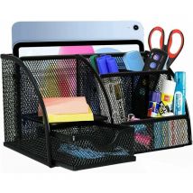 Rangement de Bureau, Organisateur de Bureau en Filet MéTallique, Porte-Stylo Peu Encombrant avec Tiroir Coulissant, 6 Compartiments de Tri Pour