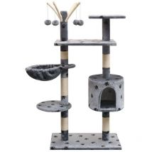 Rascador para gatos, nicho, animales de juguete, felpa y sisal, 125 cm, huellas de patas, gris