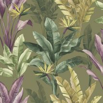 Akari Madagascar Leaf Wallpaper Tropical Banana Palm Tree Leaves Flowers 282886 Olive Green Purple - Olive Green Purple - Rasch