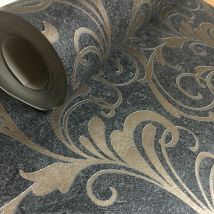 Rasch Scroll Charcoal Black Metallic Bronze Glitter Textured Wallpaper 301861