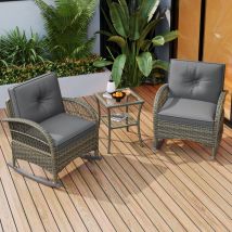Rattan-Lounge-Set für den Balkon (3-teilig), Akazienholzplatte mit grauen Kissen, Tragkraft 160 kg