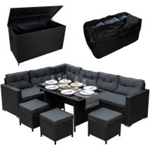 Rattan Eckgarnitur & Kissenbox Große 582l Auflagenbox Gartentruhe Schwarz