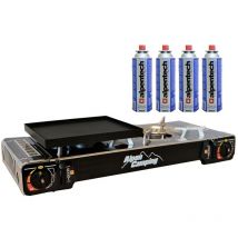 Alpen Camping - Réchaud 2 feux Gaz 4400W + Plancha Allumage piezo Portable alpen + 4 cartouches 250 gr butane