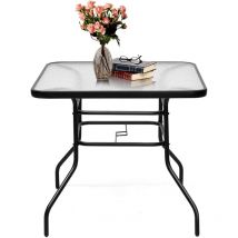 Relax4life - Table de Jardin en Fer et Verre Trempé avec Trou pour Parasol, Table Bistro Résistante aux Intempéries avec Structure en Métal, pour