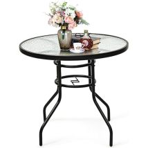 Relax4life - Table de Jardin en Fer et Verre Trempé avec Trou pour Parasol, Table Bistro Résistante aux Intempéries avec Structure en Métal, pour