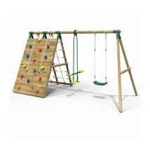 Beat The Wall Wooden Swing Set with Double up & Over Climbing Wall – Peak - Rebo