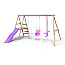 Voyager Wooden Garden Swing Set with Standard Seat, Baby Seat, Glider, Platform and Slide - Pink - Rebo