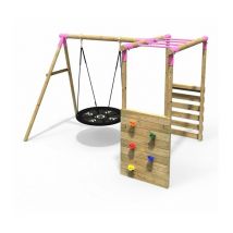 Wooden Children's Garden Swing Set with Monkey Bars - Single Swing - Mercury Pink - Rebo