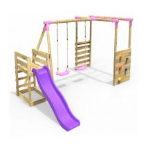 Wooden Children's Swing Set with Monkey Bars plus Deck & 6ft Slide - Double Swing - Venus Pink - Rebo