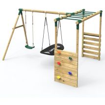 Wooden Garden Children's Swing Set with Extra-Long Monkey Bars - Double Swing - Sage Green - Rebo