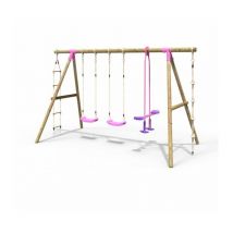 Wooden Garden Swing Set with 2 Standard Seats, Glider, Climbing Rope and Ladder - Saturn Pink - Rebo