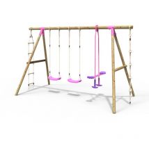 Wooden Garden Swing Set with 2 Standard Seats, Glider, Climbing Rope and Ladder - Saturn Pink - Rebo