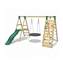 Wooden Swing Set with Deck and Slide plus Up and Over Climbing Wall - Pyrite Green - Rebo