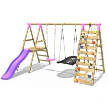 Rebo - Wooden Swing Set with Deck and Slide plus Up and Over Climbing Wall - Quartz Pink