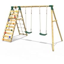 Wooden Swing Set with Up and Over Climbing Wall - Ela Green - Rebo