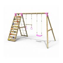 Wooden Swing Set with Up and Over Climbing Wall - Savannah Pink - Rebo