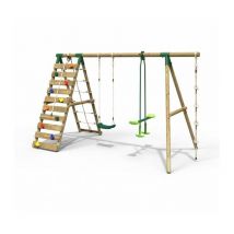 Wooden Swing Set with Up and Over Climbing Wall - Talia Green - Rebo