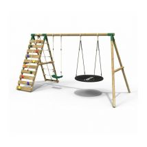 Wooden Swing Set with Up and Over Climbing Wall - Vale Green - Rebo