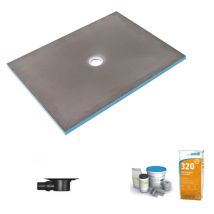 Receveur de douche à carreler 140 x 100 Wedi Fundo Primo écoulement centré + bonde horizontale + kit d'étanchéité + colle 320