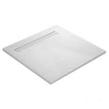 Receveur de douche caniveau ultra léger en résine imitation ardoise - blanc + natte étanche + siphon ultra plat - 100 x 100 cm