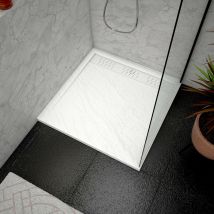 Aurlane - Receveur en acrylique Blanc Effet Pierre 90x90x4 cm + Grilles Linéaires Chrome et Blanche Mate