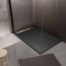 Aurlane - Receveur de douche en résine noir 80x140x3 cm effet pierre granit + grille linéaire chrome