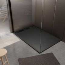 Aurlane - Receveur de douche en résine noir 80x140x3 cm effet pierre granit + grille linéaire noire mate