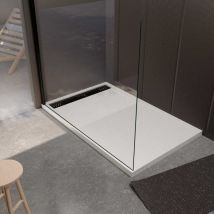 Aurlane - Receveur de douche en résine blanc 90x140x3 cm effet pierre granit + grille linéaire noire mate