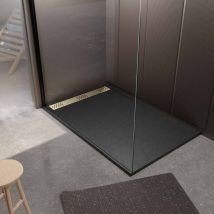 Aurlane - Receveur de douche en résine noir 80x140x3 cm effet pierre granit + grille linéaire or brossé