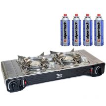 Alpen Camping - Réchaud à gaz 2 feux 4400W Thermocouple intégré + 4 cartouches de gaz 250gr