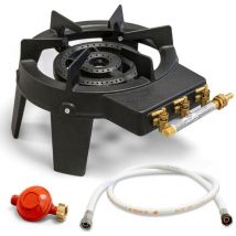 Proweltek - Rechaud à gaz en Fonte véritable 9,8 kw 4 pieds 2 bruleurs + Tuyau gaz à vis 1.50m + Détendeur Propane triglav
