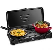 Kemper - Réchaud gaz portable 2 feux 2600W Noir Couvercle Plaque de cuisson