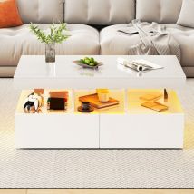Tanant - Rechteckiger Couchtisch mit 2 Schubladen und offenen Fächern, LED-Beleuchtung, Hochglanz-Finish, Beistelltisch, modernes Design, 140 × 53 ×