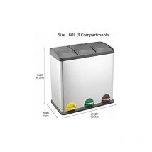 Evre Recycling Bin with Lids for Kitchen / 60 Litre Capacity / 3 Compartments Waste Separation/Colour Coded (60L)