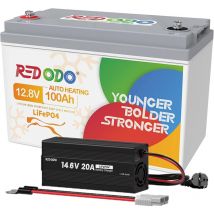 Redodo - Batterie Lithium 12V100Ah Rechargeable LiFePO4, Auto-Chauffage +14,6V20A Chargeur de batterie LiFePO4 12V
