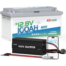 Redodo - 12V100Ah Bluetooth Sous-siège Batterie Lithium H188 mm+14,6V20A Chargeur de batterie LiFePO4 12V