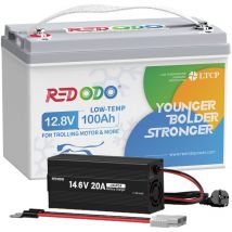Batterie Lithium 12V100Ah Rechargeable LiFePO4, protection d'arrêt à basse température+14,6V20A Chargeur de batterie LiFePO4 pour batterie lithium