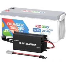Batterie au Lithium 12V200Ah plus rechargeable LiFePO4, bms 200A +14,6V40A Chargeur de batterie LiFePO4 pour batterie lithium 12V Redodo