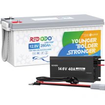 Batterie Lithium 12V280Ah rechargeable LiFePO4, Protection contre les basses températures+14,6V40A Chargeur de batterie LiFePO4 pour batterie lithium
